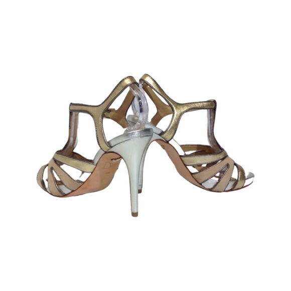 Diane Von Furstenberg Metallic Gold Silver Strappy Heels Size 7.5M Vintage - Picture 4 of 8